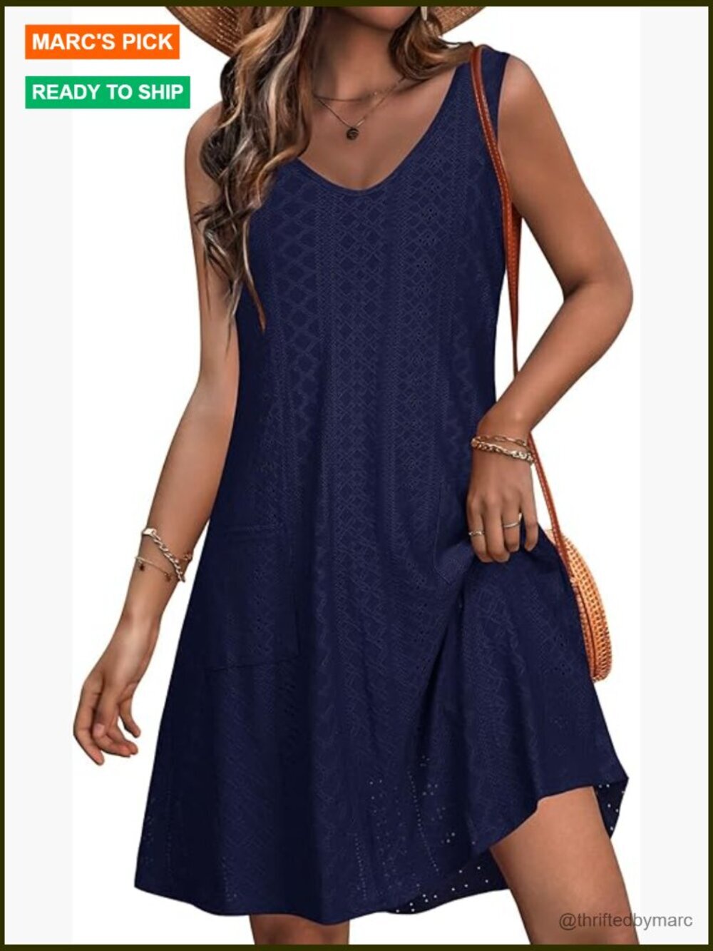 Women's Eyelet Swim Coverup Sundress with Pockets Loose Sleeveless